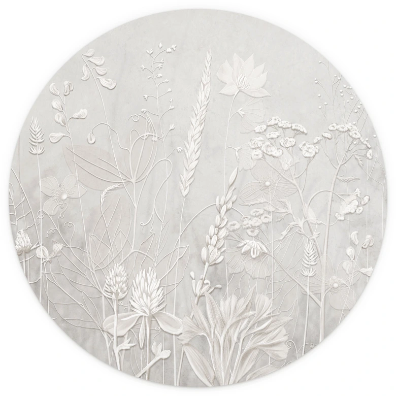 Fototapete mit Blumenrelief - Pflanzen in Weiß im modernen Design - Ms Tiff - Rund - Selbstklebend/Vlies 