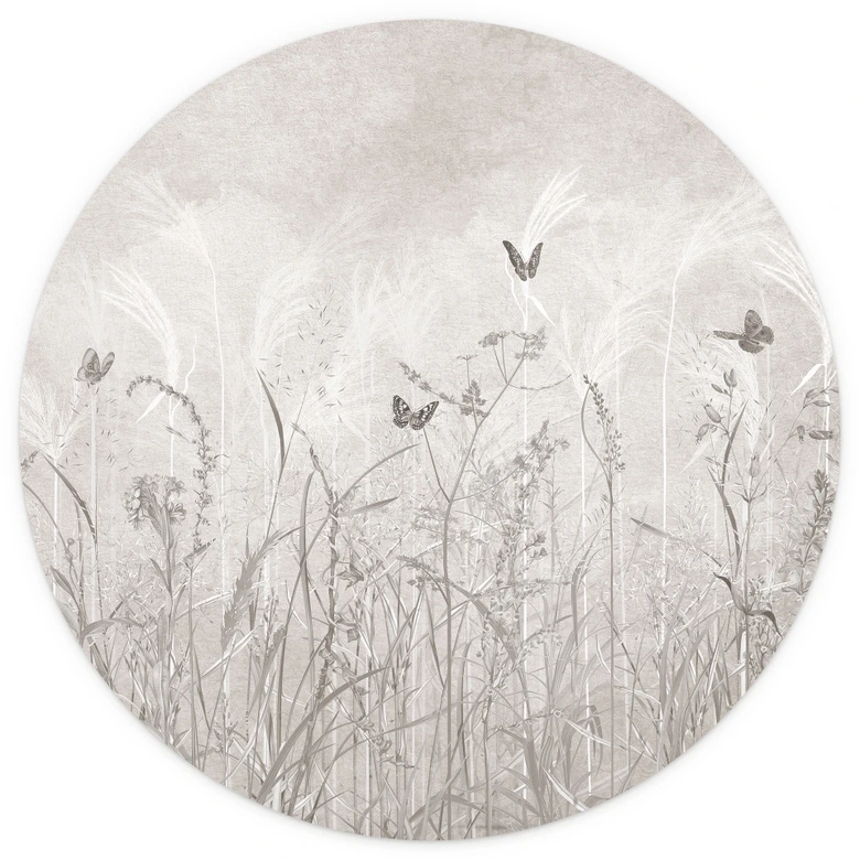 Fototapete Wildblumenwiese mit Schmetterlingen im Skandinavischen Design - Ms Tiff - Rund - Selbstklebend/Vlies 