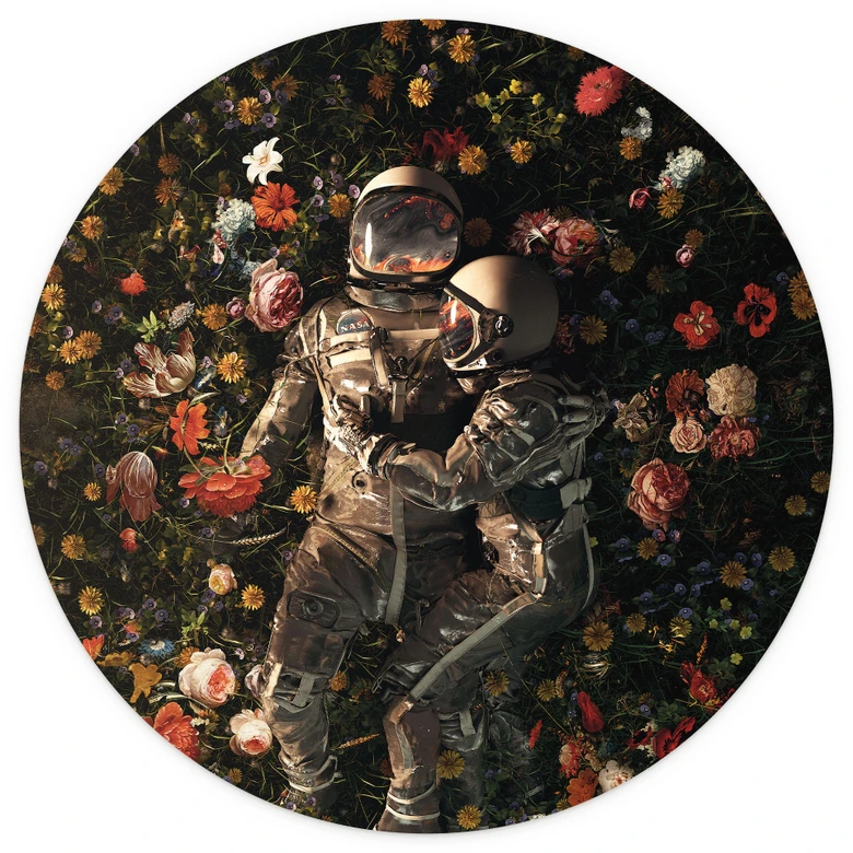 Round wall mural Astronauts on a flower meadow - Nicebleed - non self-adhesive/self-adhesive wallpapers 