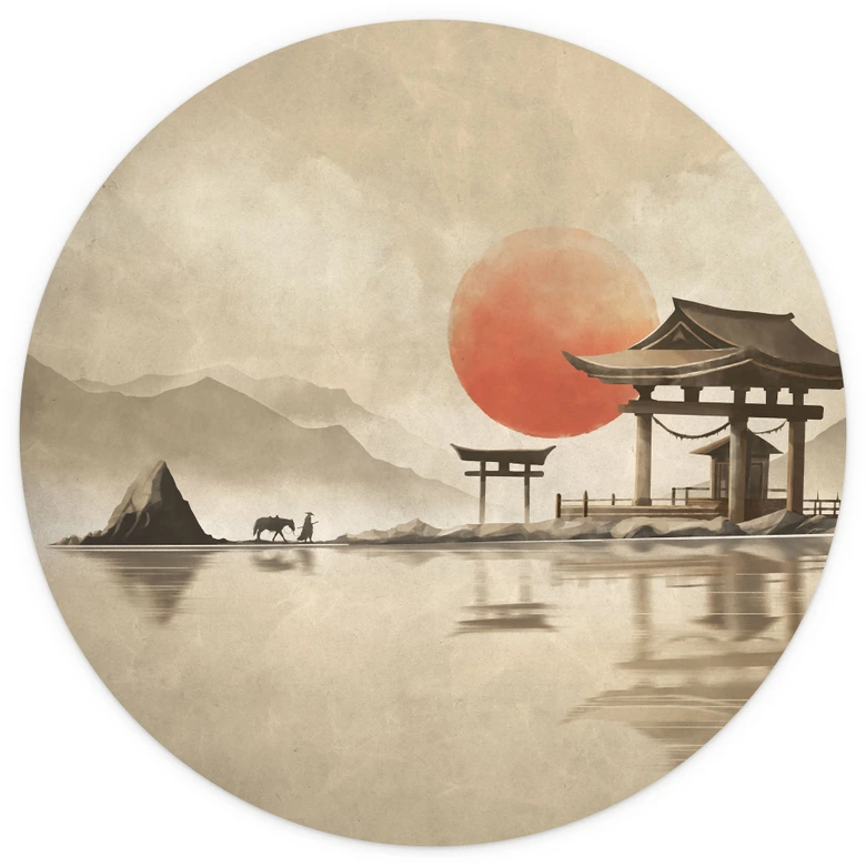 Wall Mural Japanese temple at sunrise - Roze - Round - non self-adhesive/self-adhesive wallpapers 