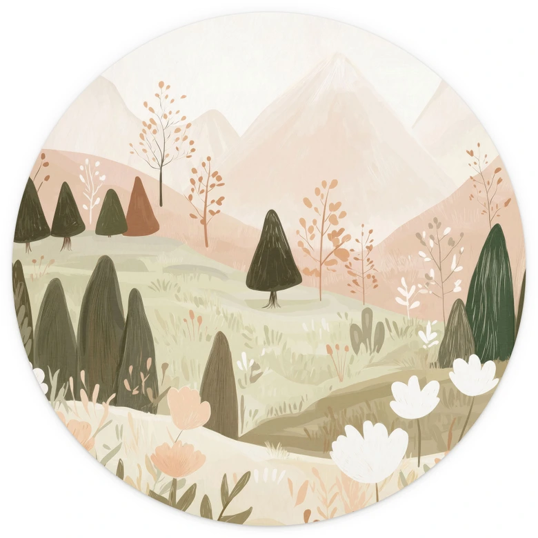 Pastel berglandschap met bloemen Fotobehang - Treechild - Rond - Zelfklevend/niet-geweven 