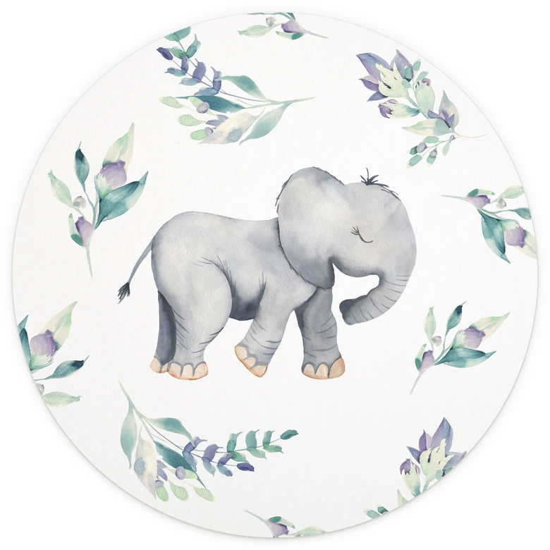 Fototapete Niedlicher Babyelefant zwischen Boho-Zweigen - UN Designs - Rund - Selbstklebend/Vlies 