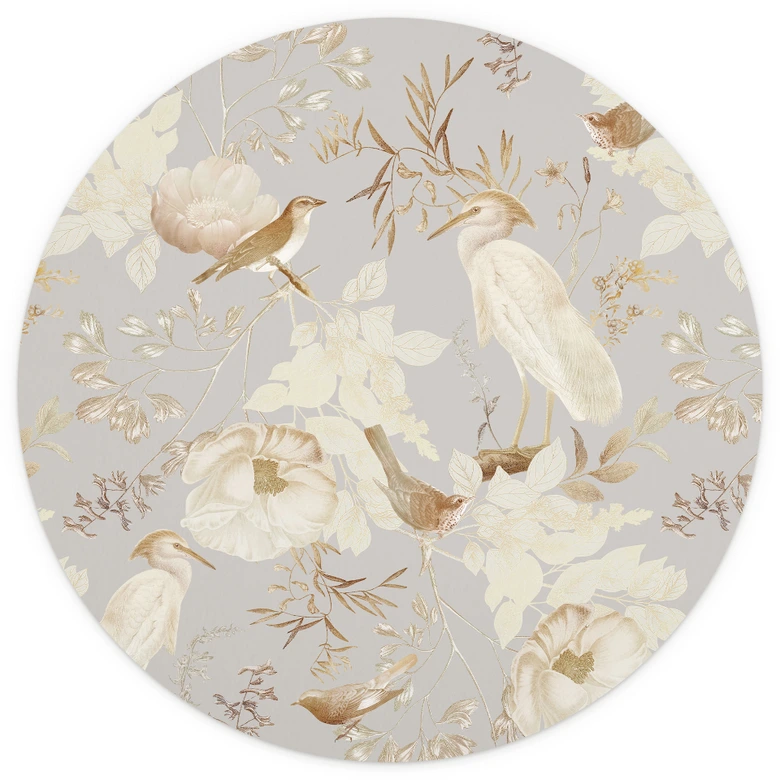 Behangcirkel Vogels tussen witte bloemen - UN Designs - vliesbehang/zelfklevend vliesbehang 