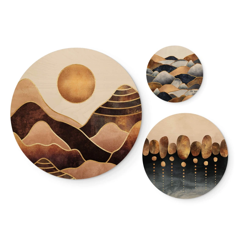 Tableau sur bois rond Fredriksson - Montagnes dorées (set 3 pièces) 