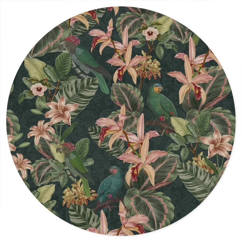 Djungel Wallsticker med papegojor nattgrön - Blomstersmycke Dekor - Rund 