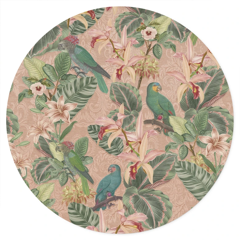 Sticker mural jungle avec perroquets roses - Bloomery Decor - Rond 