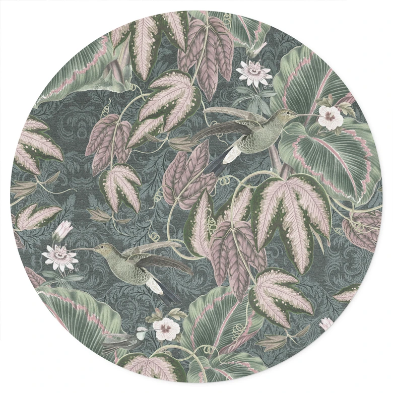 Djungel Wallsticker kolibri i tropisk skog - Blomstersmycke Dekor - Rund 