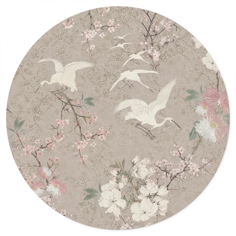 Vinilo decorativo de pared Grullas en un cerezo en flor Beige - Decoración con flores - Redondo 