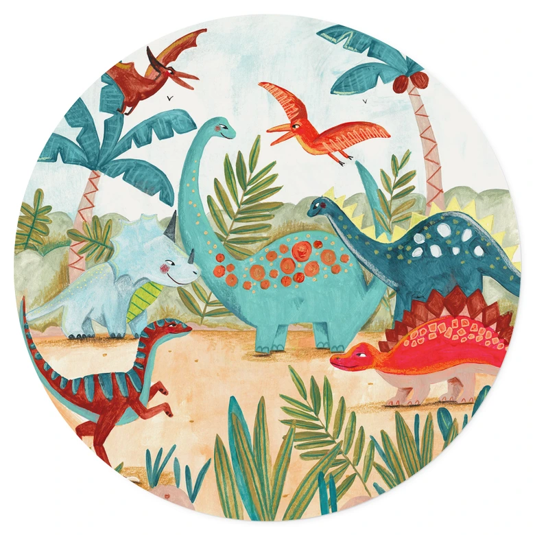 Wallsticker för barnrum - Färgglada dinosaurier i urskogen - Bonne Müller - Rund 