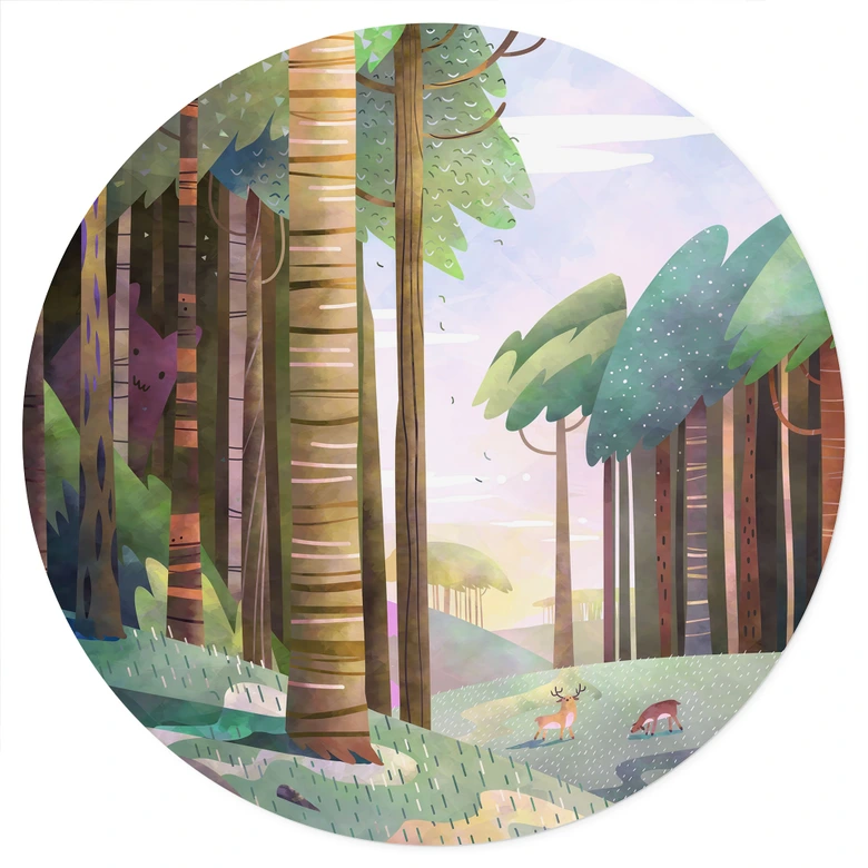 Wallsticker Solig skog med hjortar - DigitalArtsi - Round 