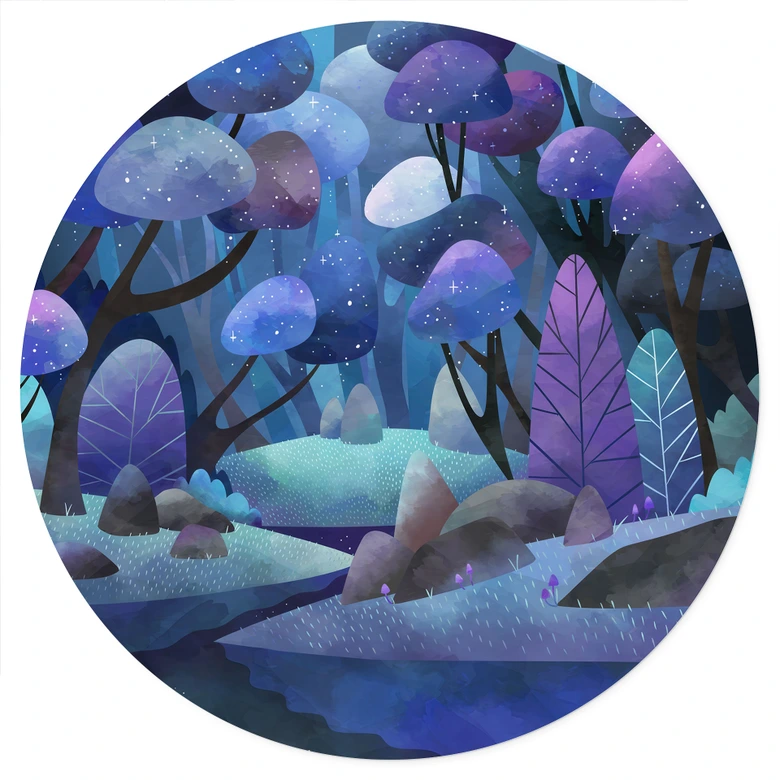 Adesivo murale della foresta incantata in blu notte - DigitalArtsi - Rotondo 