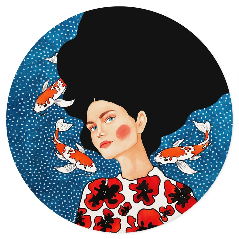 Sticker mural femme en robe fleurie avec koi - Hülya - Rond 