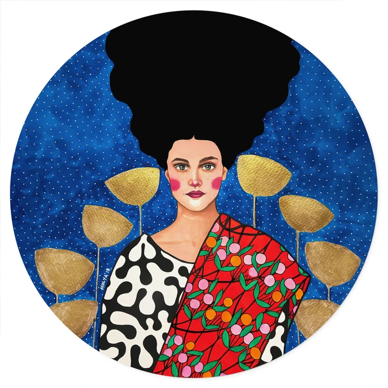 Sticker mural femme dans un champ avec des feuilles d'or - Hülya - Rond 