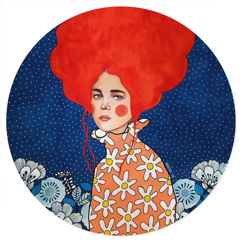 Sticker mural femme avec des cheveux rouges et des fleurs - Hülya - Rond 