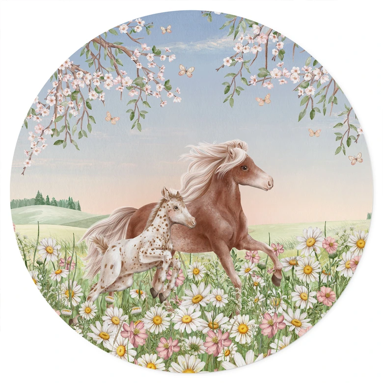 Wallsticker för barnrum Hästar i blomsterängen - Kikki Belle - Rund 