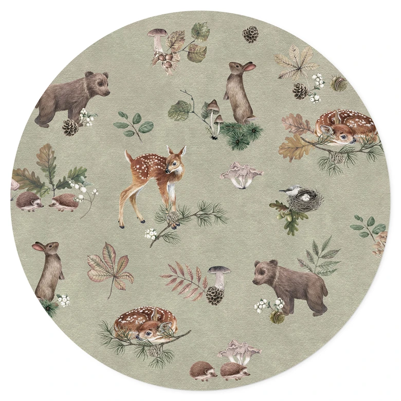 Sticker mural faon et amis de la forêt - animaux pour enfants - vert - Kikki Belle - Rond 
