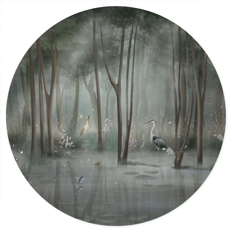 Wandtattoo Nebelwald am See mit Reiher in Grün - Ms Tiff - Rund 