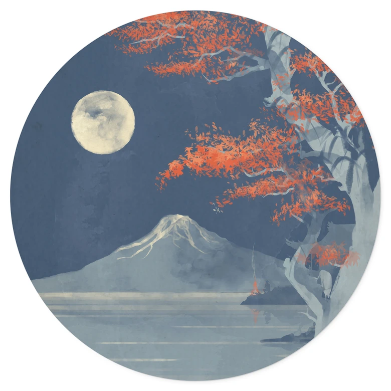 Muursticker volle maan boven de top van Fuji-san - Roze - Rond 