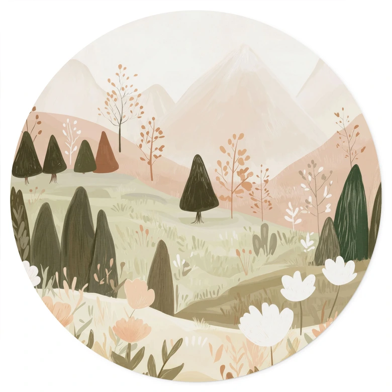 Vinilo decorativo paisaje de montaña en colores pastel con flores - Treechild - Redondo 
