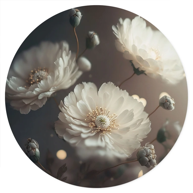 Sticker mural Fleurs blanches avec poussière d'or - Treechild - Rond 