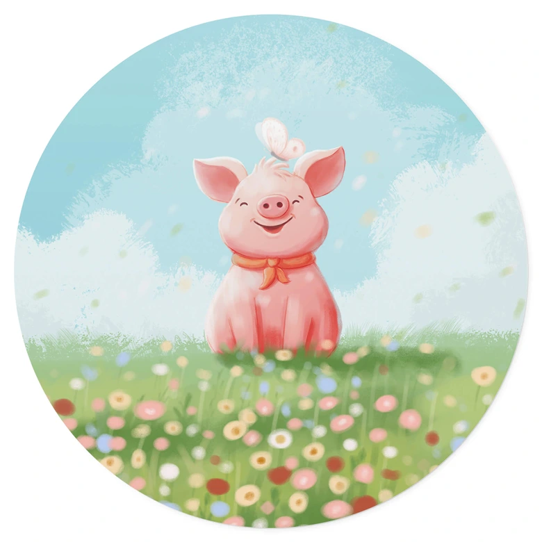 Wandtattoo Thai - Fröhliches Schweinchen auf der Sommerwiese - Rund 