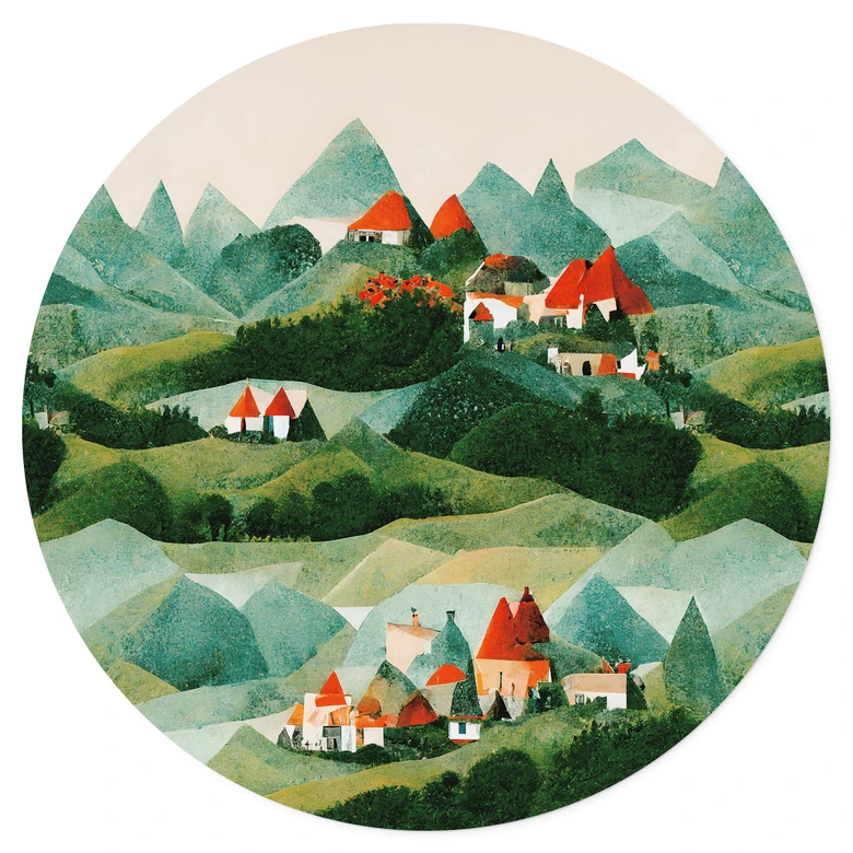 Wallsticker för barnrum Treechild - Liten by mitt bland gröna kullar - Rund 