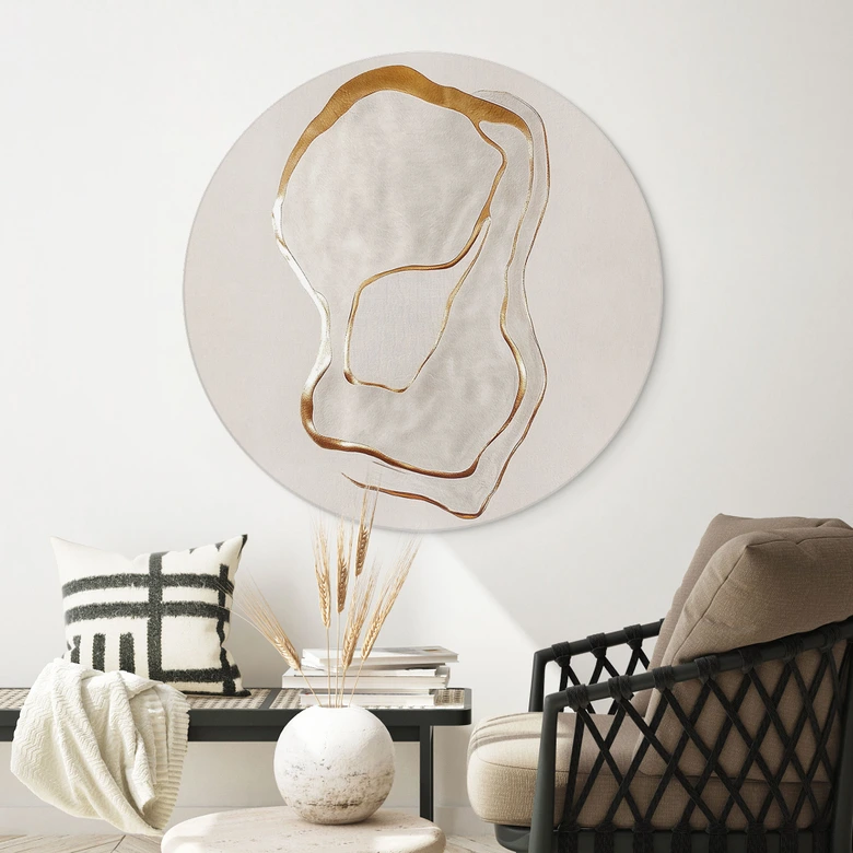 Billede Abstrakt linjekunst i guld og beige - Aluminium dibond - Alma - Rund 