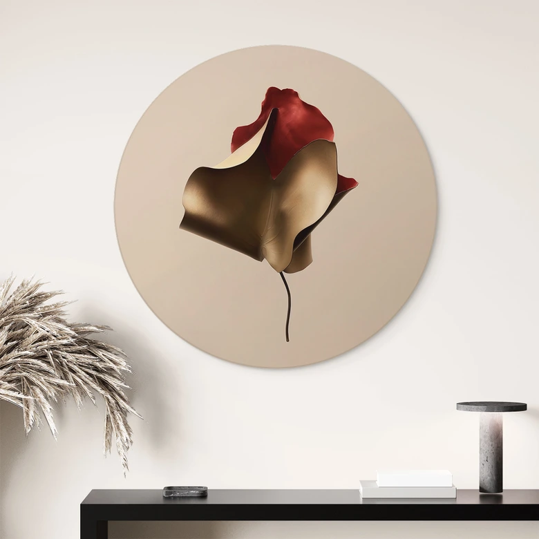 Wandbild Elegantes Blatt in Gold und Rot - Alma - Alu-Dibond Rund 