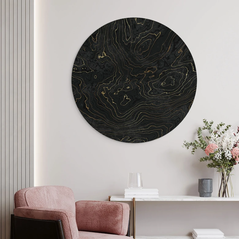 Wandbild Abstrakte Linien Schwarz-gold - Amini - Alu-Dibond Rund 