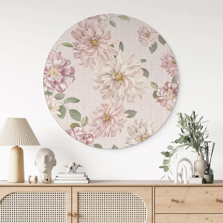 Wandbild Dahlien Shabby Chic Rosa - Bloomery Decor - Alu-Dibond Rund 