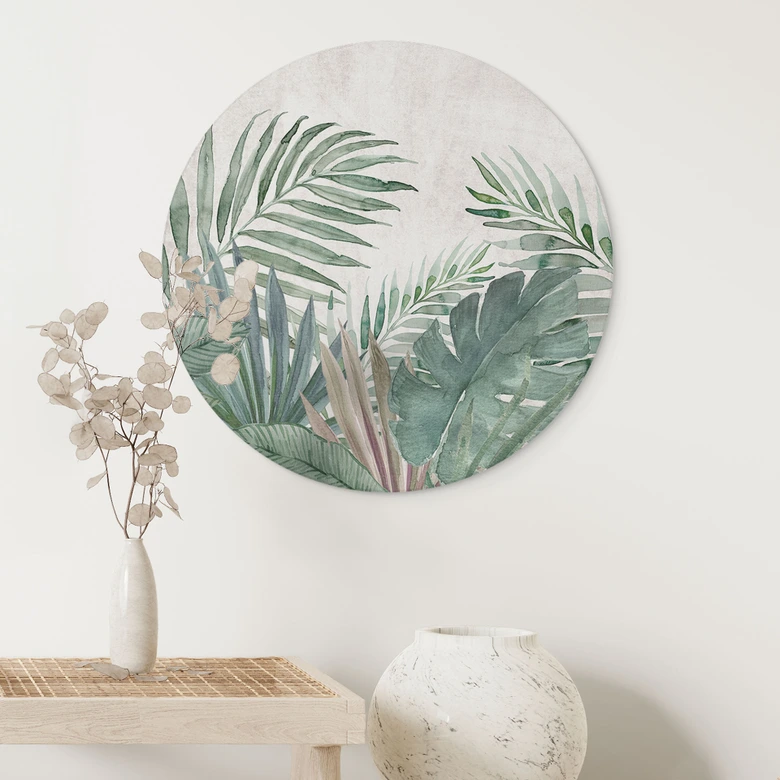 Wandbild Dschungel-Blätter Grün Aquarell - Bloomery Decor - Alu-Dibond Rund 