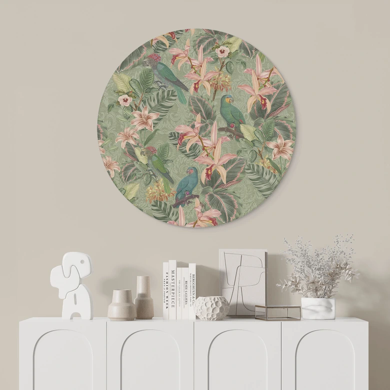 Wandbild Dschungel mit Papageien Grün - Bloomery Decor - Alu-Dibond Rund 