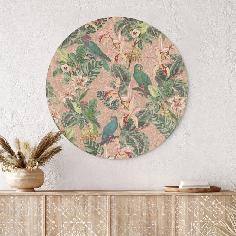 Wandbild Dschungel mit Papageien Rosa - Bloomery Decor - Alu-Dibond Rund 