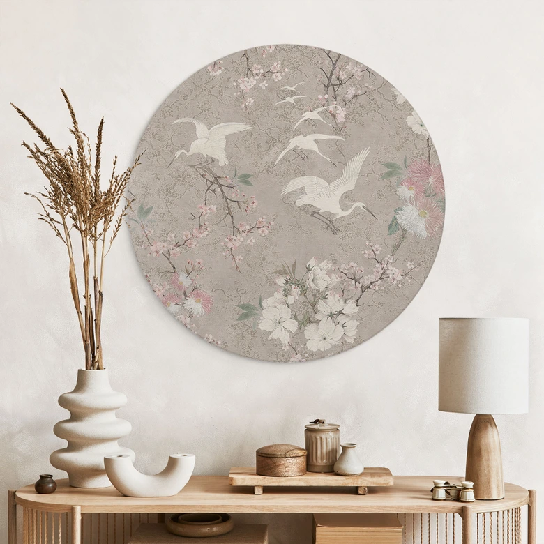 Wandbild Kraniche im Kirschblüten-Rausch Beige - Bloomery Decor - Alu-Dibond Rund 