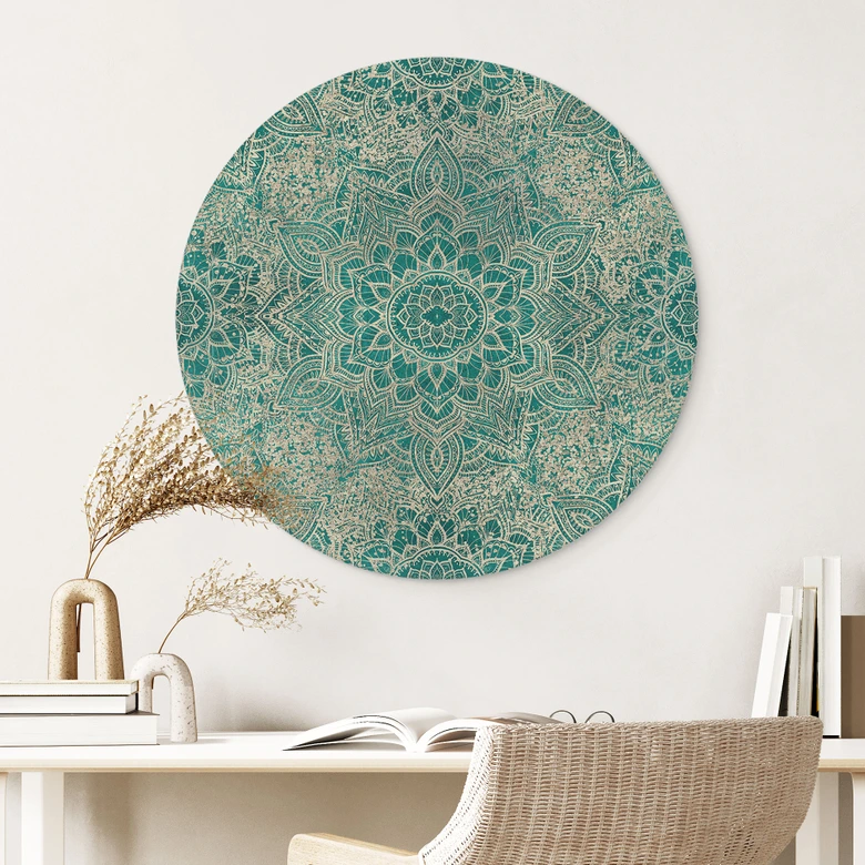 Wandbild Mandala Boho Gold-grün - Bloomery Decor - Alu-Dibond Rund 