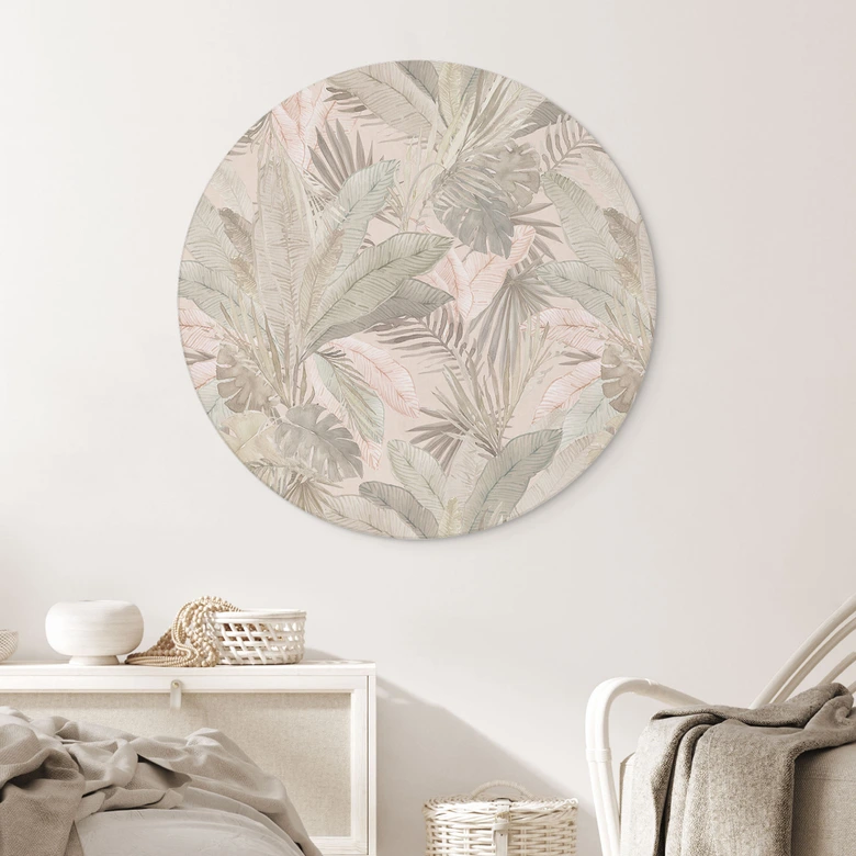Wandbild Tropenblätter im Dschungel Pastell - Bloomery Decor - Alu-Dibond Rund 