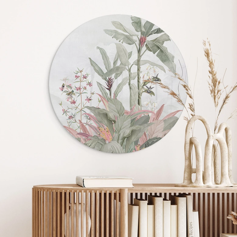 Wandbild Tropische Idylle mit Kolibri Blau - Bloomery Decor - Alu-Dibond Rund 