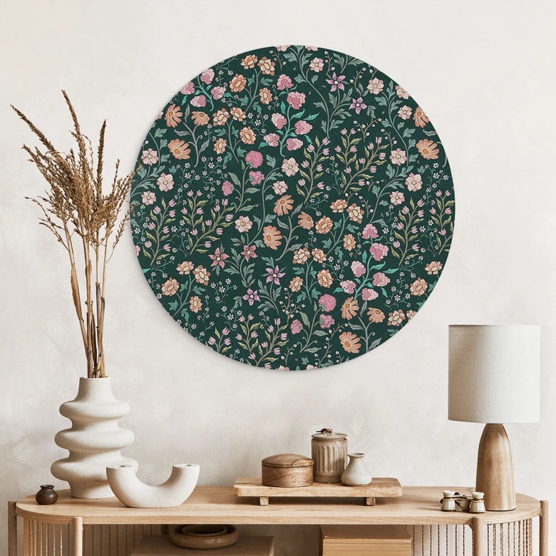 Wanddecoratie met vintage weidebloemen - Donkergroen - Bloemdecoratie - Aluminium dibond rond 