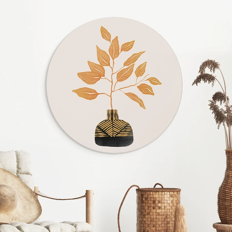 Wandbild Goldener Zweig mit Blättern - Cats & Dotz - Alu-Dibond Rund 
