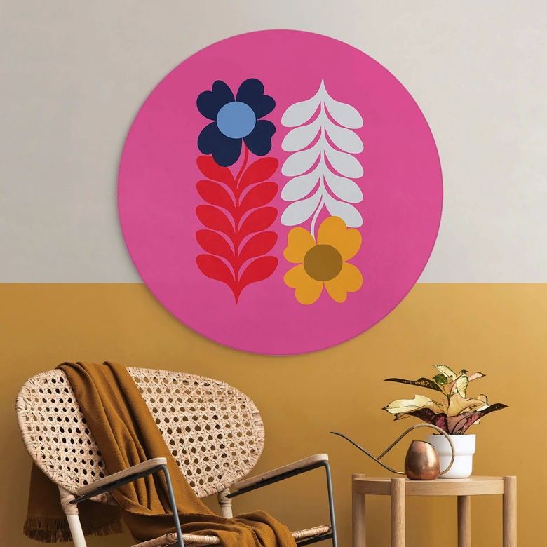 Rundes Wandbild Collett - Bunte Retroblumen - Alu-Dibond 