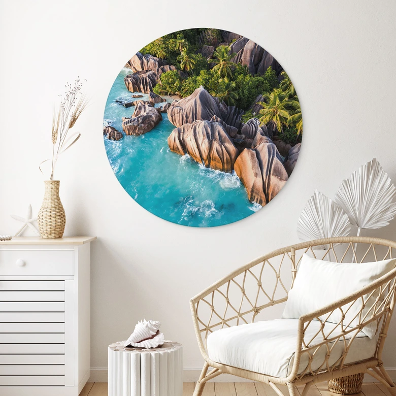 Wandbild Tropische Felsenküste der Seychellen - Colombo - Alu-Dibond Rund 
