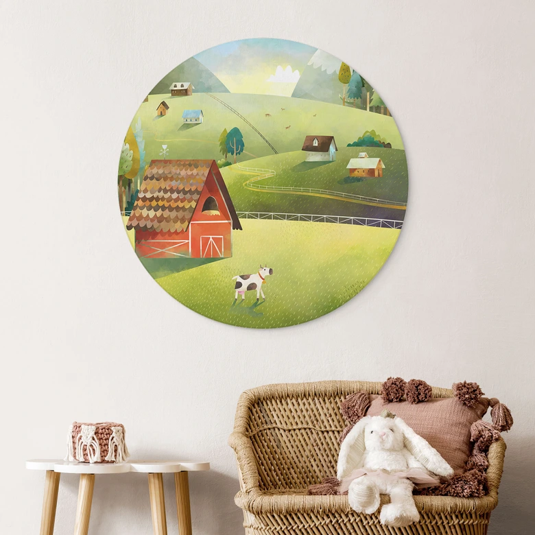Wall Art Colorful farm in the mountains - DigitalArtsi - Round - Alu-Dibond 