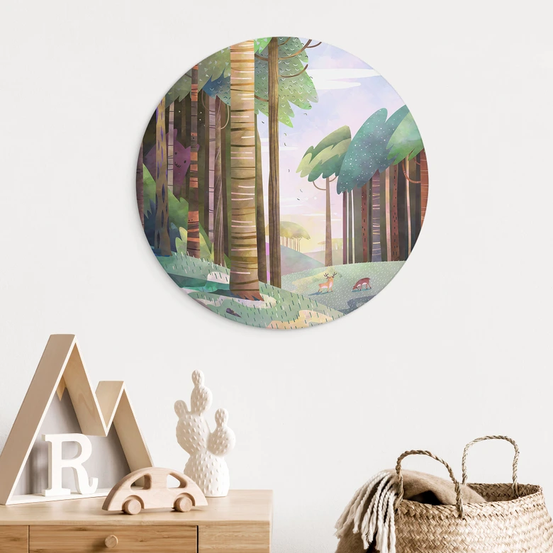 Tableaux Forêt ensoleillée avec cerf - DigitalArtsi - Rond - Alu-Dibond 