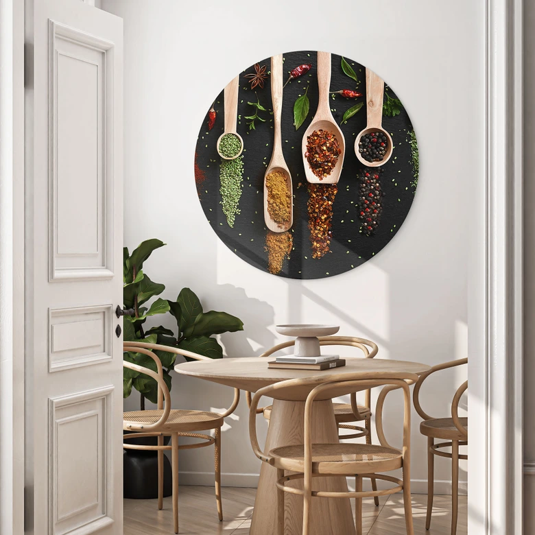 Tableau sur alu-Dibond rond Herbes et épices sur une cuillère en bois - Dingemans 