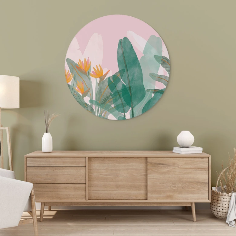 Wanddecoratie Botanische illustratie in groen en roze - Goed Blauw - Alu-Dibond Rond 