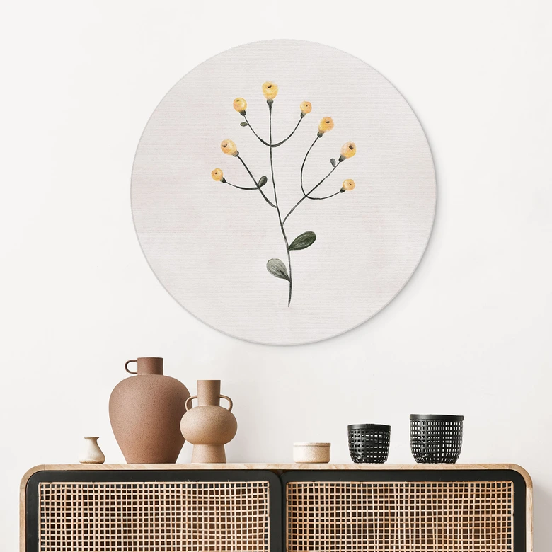 Wall Art Delicate plant with yellow flowers - Goed Blauw - Alu-Dibond Round 