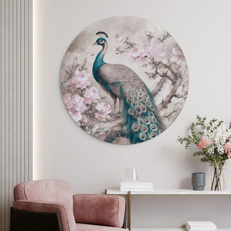Wandbild Edler Pfau mit Blüten - Haase - Alu-Dibond - Rund 
