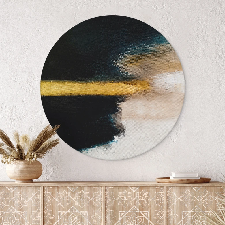 Wandbild Pinselstriche Gold und Schwarz - Haniff - Alu-Dibond Rund 