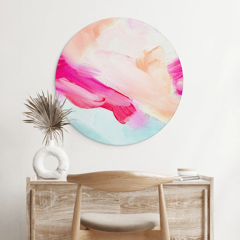 Wandbild Pinselstriche Pink und Türkis - Alu-Dibond Rund - Haniff 