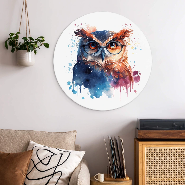 Rundes Wandbild Heine - Intelligente Eule mit Brille - Astro Cruise - Alu-Dibond 
